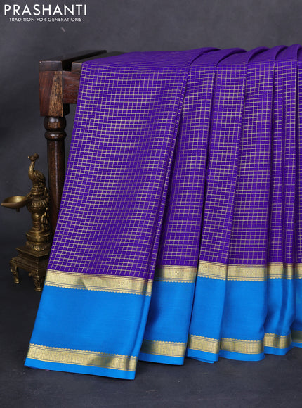 Pure mysore silk saree blue and cs blue with allover small zari checked pattern and rettapet zari woven border
