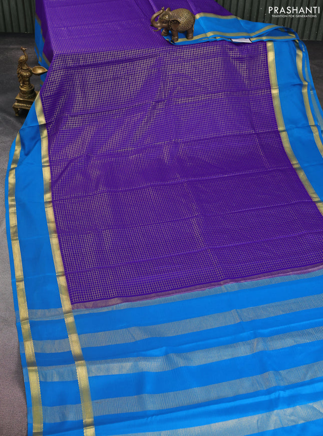 Pure mysore silk saree blue and cs blue with allover small zari checked pattern and rettapet zari woven border