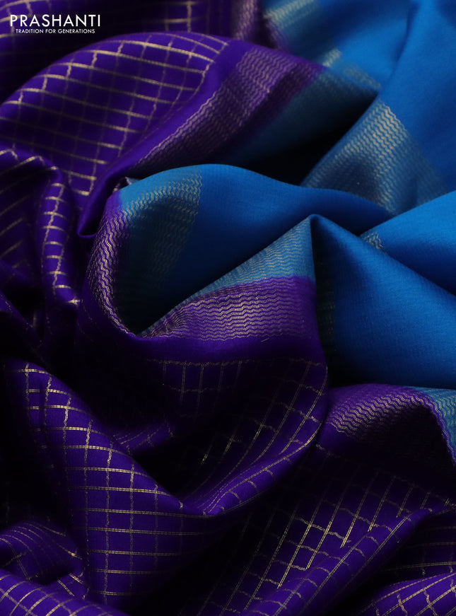 Pure mysore silk saree blue and cs blue with allover small zari checked pattern and rettapet zari woven border