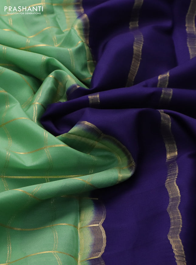 Pure mysore silk saree pastel green and navy blue with allover zari checked pattern and rettapet zari woven border