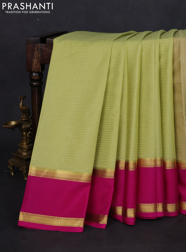 Pure mysore silk saree pista green and pink with allover small zari checked pattern and rettapet zari woven border