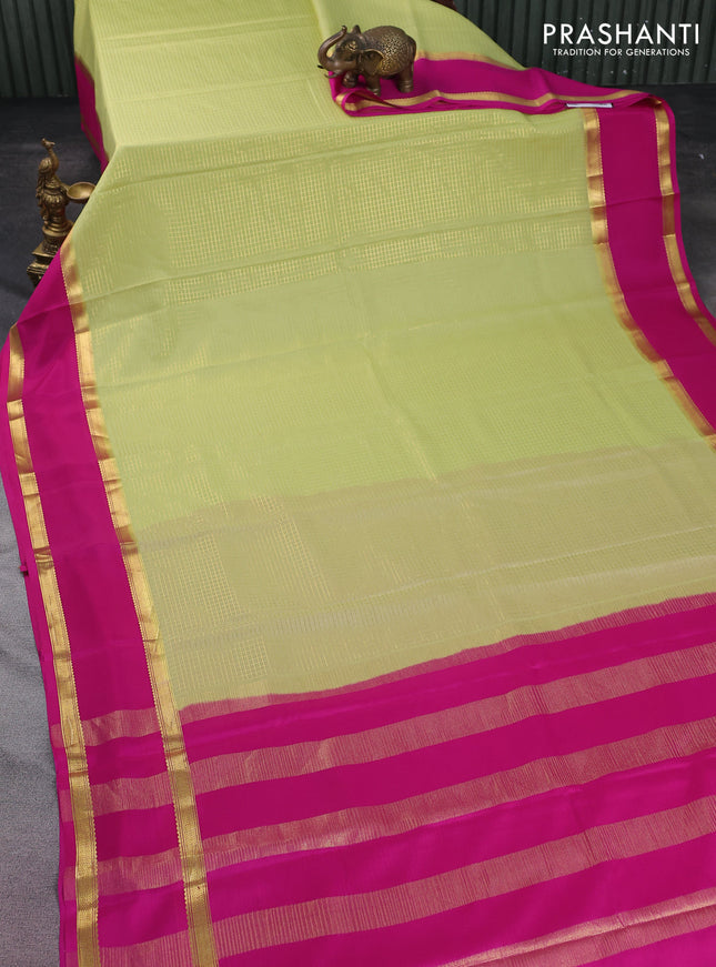 Pure mysore silk saree pista green and pink with allover small zari checked pattern and rettapet zari woven border