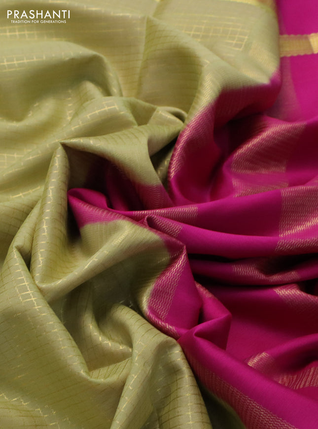 Pure mysore silk saree pista green and pink with allover small zari checked pattern and rettapet zari woven border