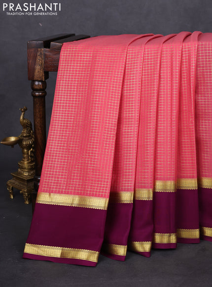 Pure mysore silk saree dark peach and purple with allover small zari checked pattern and rettapet zari woven border