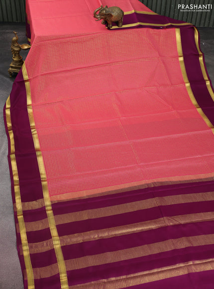 Pure mysore silk saree dark peach and purple with allover small zari checked pattern and rettapet zari woven border