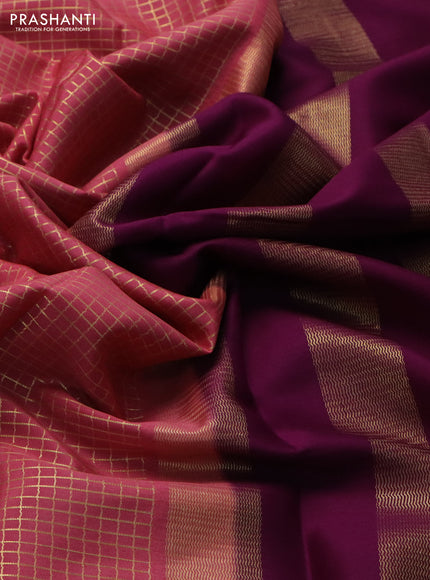 Pure mysore silk saree dark peach and purple with allover small zari checked pattern and rettapet zari woven border