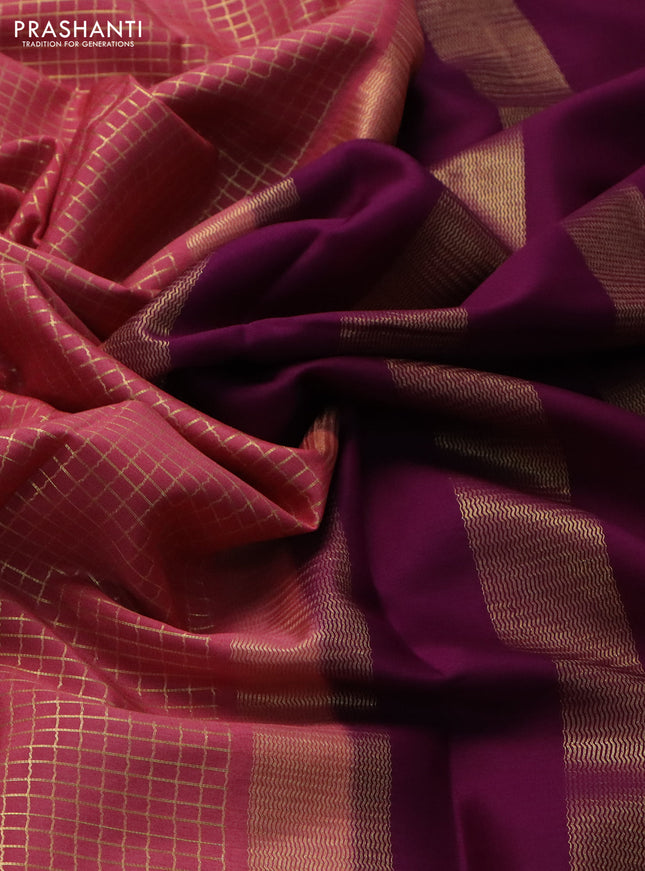 Pure mysore silk saree dark peach and purple with allover small zari checked pattern and rettapet zari woven border