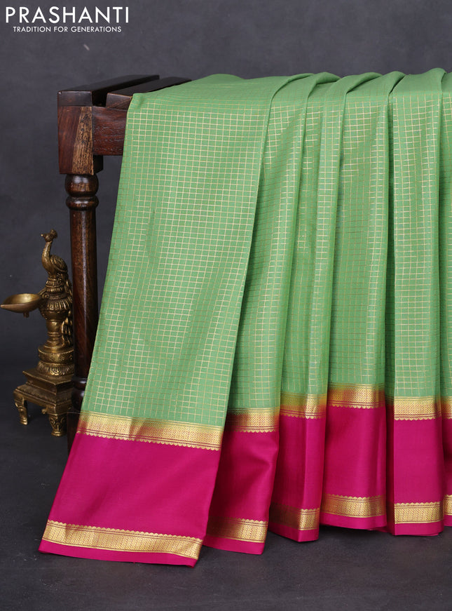 Pure mysore silk saree pastel green and pink with allover small zari checked pattern and rettapet zari woven border