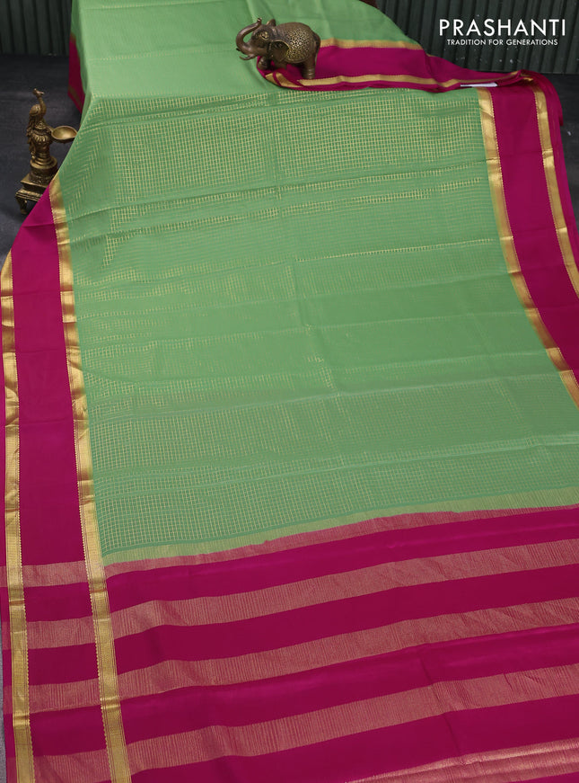Pure mysore silk saree pastel green and pink with allover small zari checked pattern and rettapet zari woven border