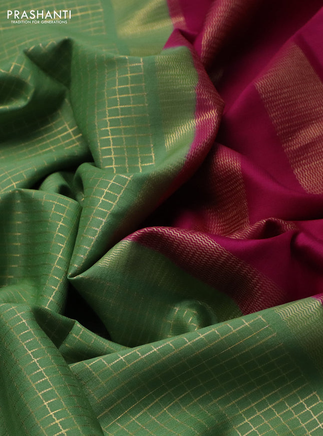 Pure mysore silk saree pastel green and pink with allover small zari checked pattern and rettapet zari woven border