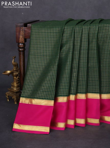 Pure mysore silk saree bottle green and pink with allover small zari checked pattern and rettapet zari woven border