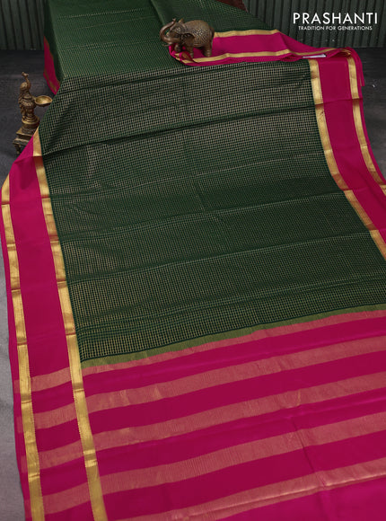 Pure mysore silk saree bottle green and pink with allover small zari checked pattern and rettapet zari woven border