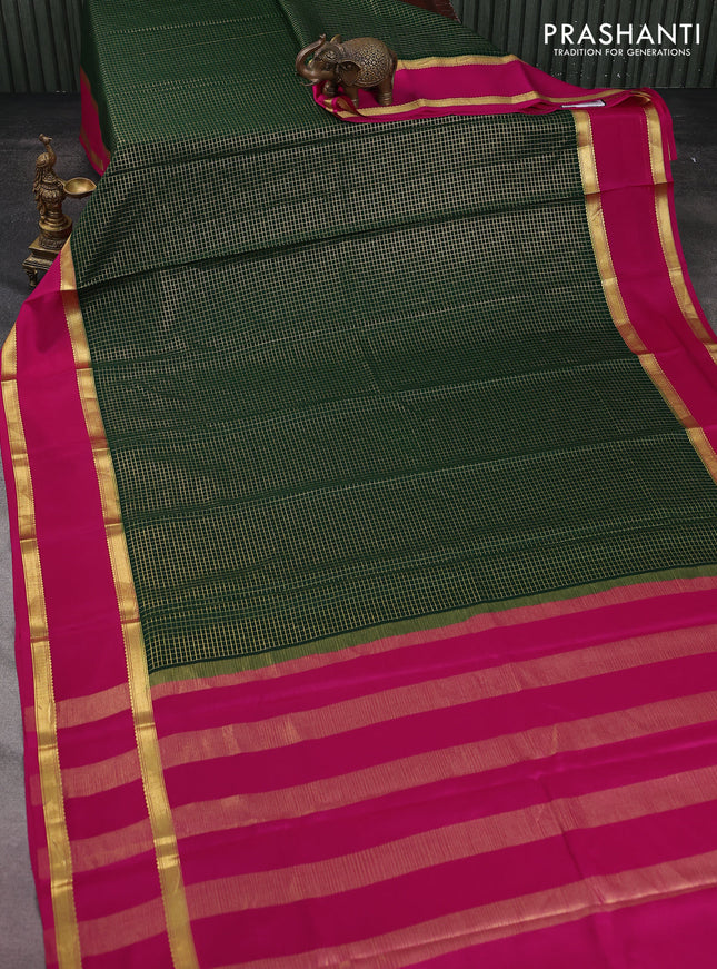 Pure mysore silk saree bottle green and pink with allover small zari checked pattern and rettapet zari woven border