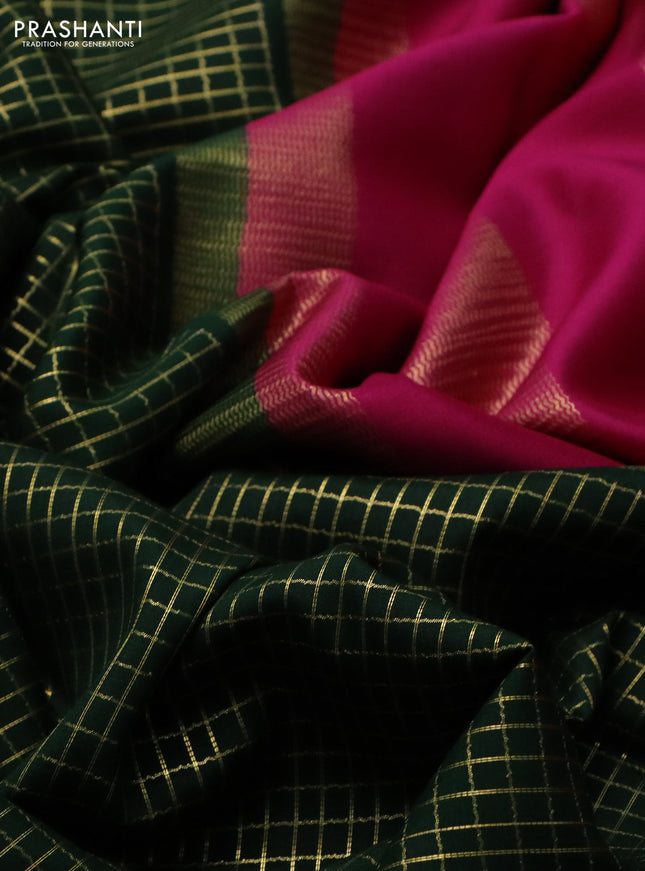 Pure mysore silk saree bottle green and pink with allover small zari checked pattern and rettapet zari woven border
