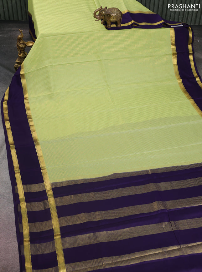 Pure mysore silk saree pista green and dark blue with allover small zari checked pattern and rettapet zari woven border