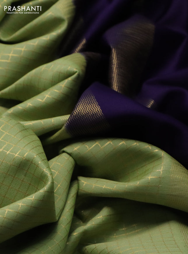 Pure mysore silk saree pista green and dark blue with allover small zari checked pattern and rettapet zari woven border