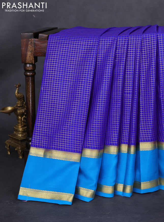 Pure mysore silk saree royal blue and cs blue with allover small zari checked pattern and rettapet zari woven border