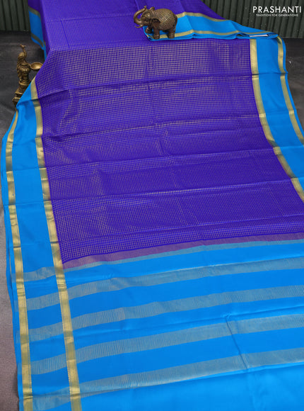 Pure mysore silk saree royal blue and cs blue with allover small zari checked pattern and rettapet zari woven border