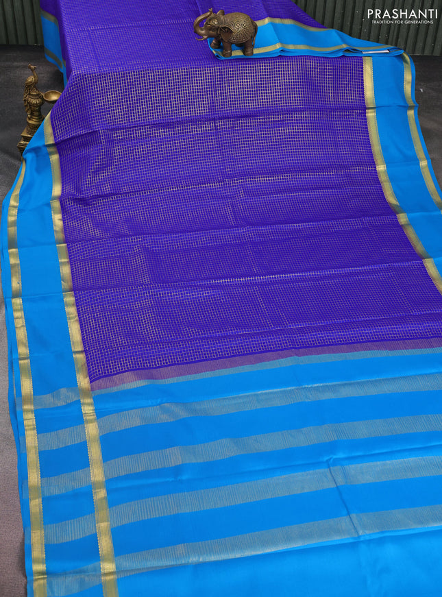 Pure mysore silk saree royal blue and cs blue with allover small zari checked pattern and rettapet zari woven border