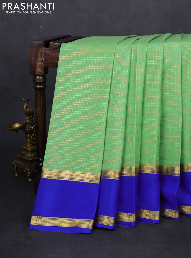 Pure mysore silk saree pista green and royal blue with allover small zari checked pattern and rettapet zari woven border