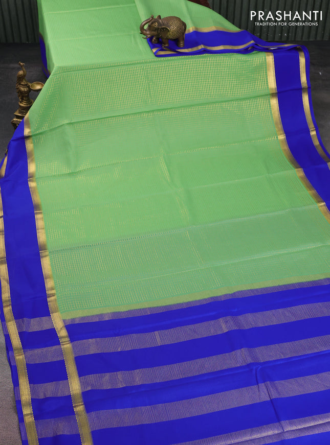 Pure mysore silk saree pista green and royal blue with allover small zari checked pattern and rettapet zari woven border