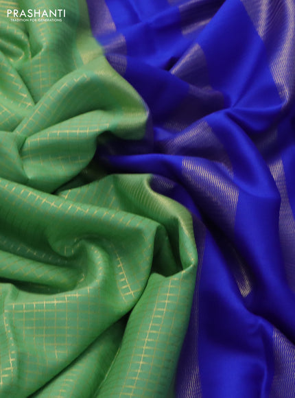 Pure mysore silk saree pista green and royal blue with allover small zari checked pattern and rettapet zari woven border