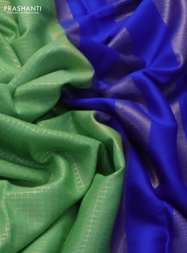 Pure mysore silk saree pista green and royal blue with allover small zari checked pattern and rettapet zari woven border
