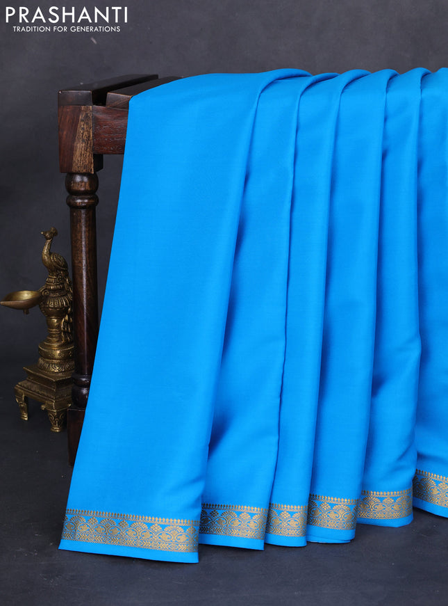 Pure mysore silk saree cs blue with plain body and zari woven border