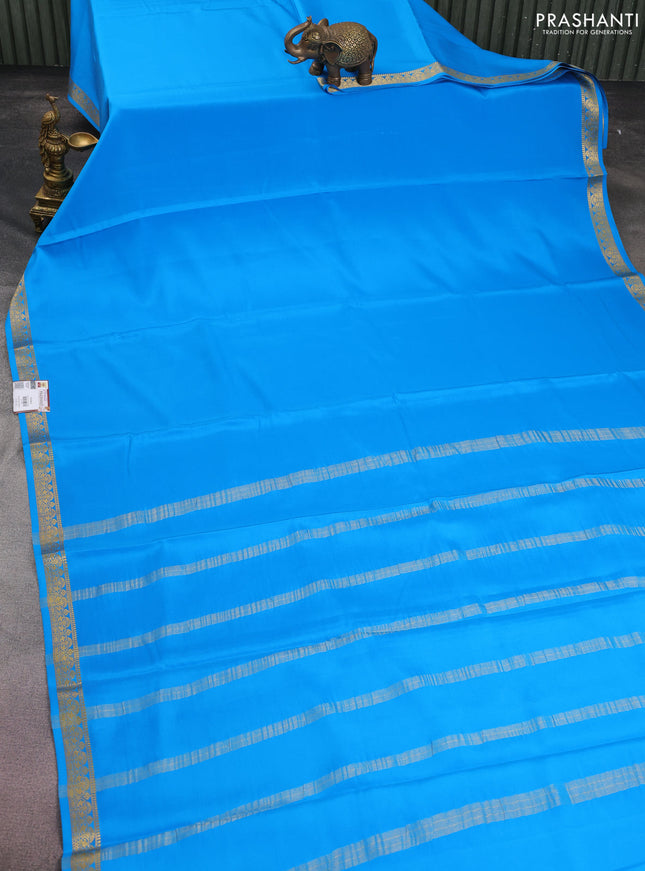 Pure mysore silk saree cs blue with plain body and zari woven border