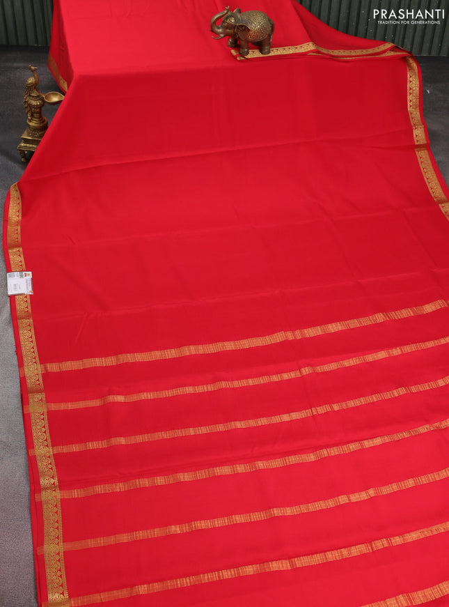 Pure mysore silk saree red with plain body and zari woven border