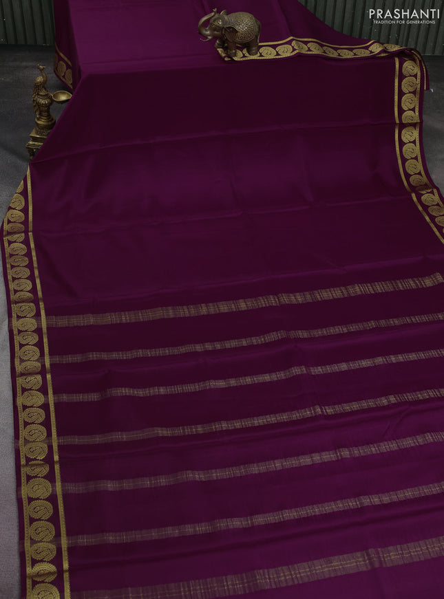 Pure mysore silk saree wine shade with plain body and paisley zari woven border