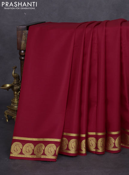 Pure mysore silk saree kumkum red with plain body and paisley zari woven border