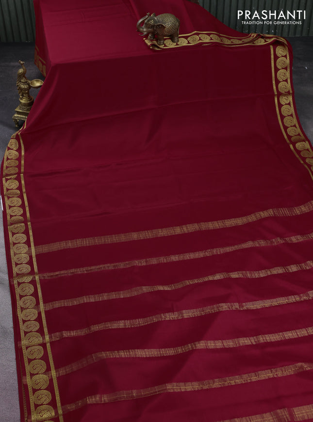 Pure mysore silk saree kumkum red with plain body and paisley zari woven border