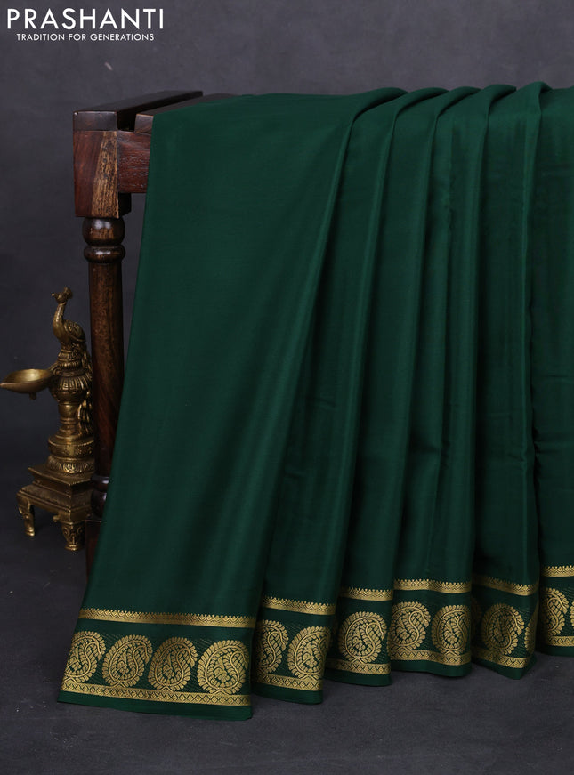 Pure mysore silk saree bottle green with plain body and paisley zari woven border