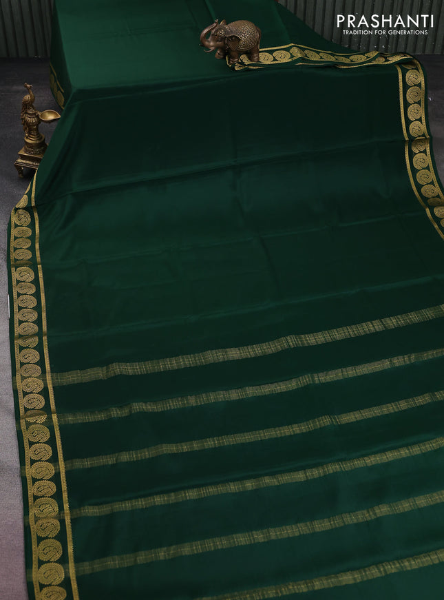 Pure mysore silk saree bottle green with plain body and paisley zari woven border