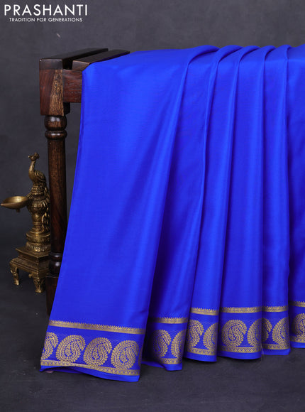 Pure mysore silk saree royal blue with plain body and paisley zari woven border
