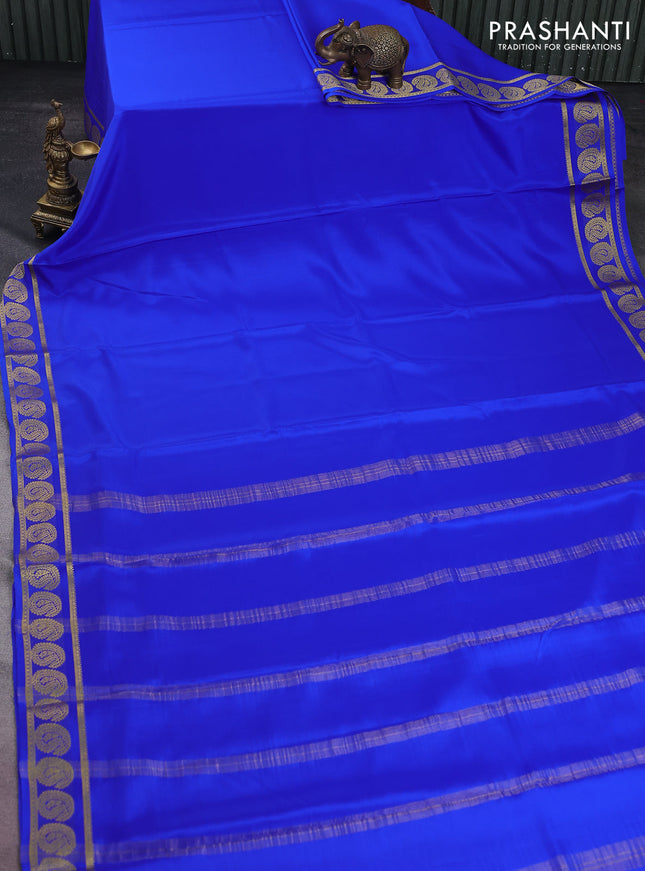 Pure mysore silk saree royal blue with plain body and paisley zari woven border