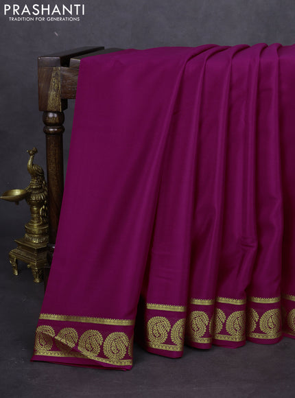 Pure mysore silk saree dark pink with plain body and paisley zari woven border