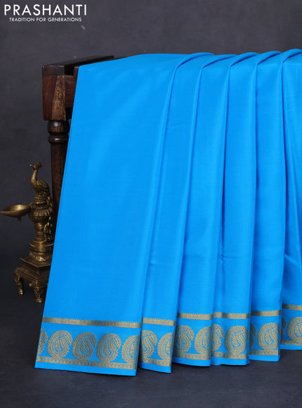 Pure mysore silk saree cs blue with plain body and paisley zari woven border
