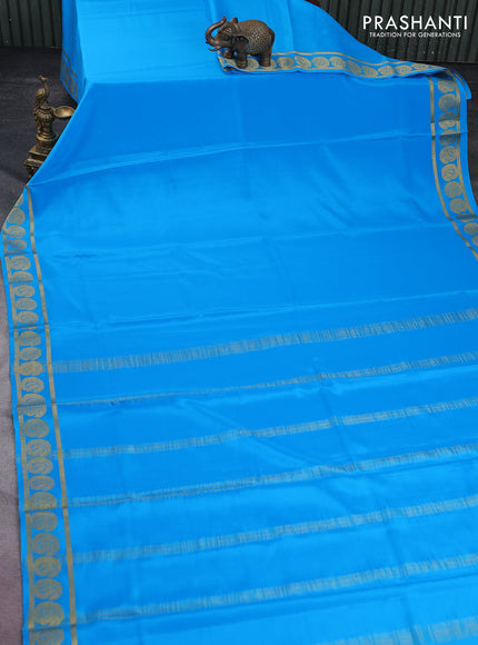 Pure mysore silk saree cs blue with plain body and paisley zari woven border