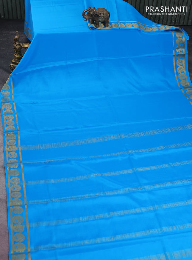 Pure mysore silk saree cs blue with plain body and paisley zari woven border
