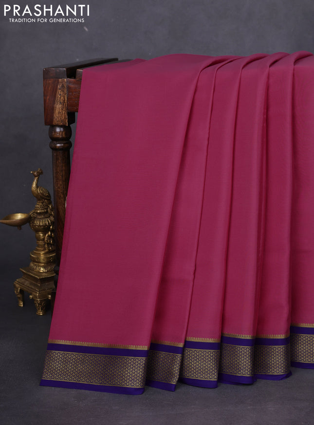 Pure mysore silk saree mauve pink and blue with plain body and zari woven border