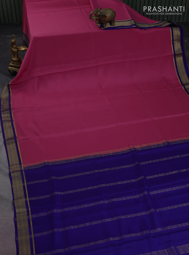 Pure mysore silk saree mauve pink and blue with plain body and zari woven border