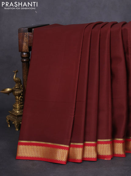 Pure mysore silk saree coffee brown and maroon with plain body and zari woven border