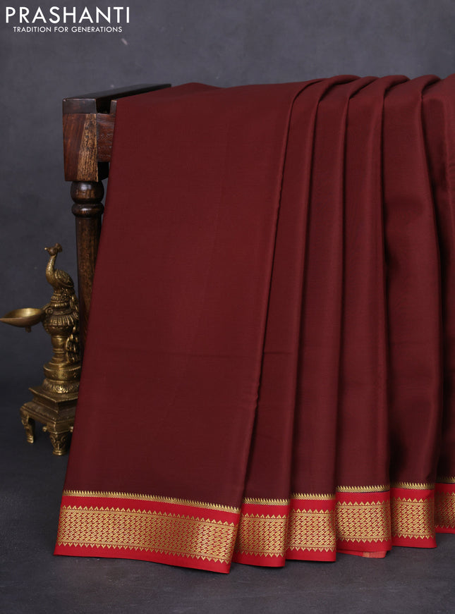 Pure mysore silk saree coffee brown and maroon with plain body and zari woven border