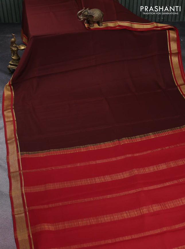 Pure mysore silk saree coffee brown and maroon with plain body and zari woven border