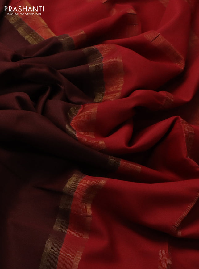 Pure mysore silk saree coffee brown and maroon with plain body and zari woven border