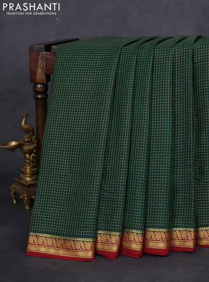 Pure mysore silk saree bottle green and maroon with allover small zari checked pattern and zari woven border