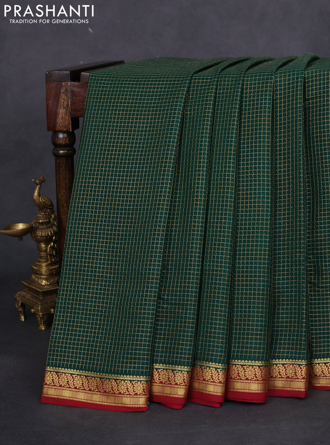 Pure mysore silk saree bottle green and maroon with allover small zari checked pattern and zari woven border