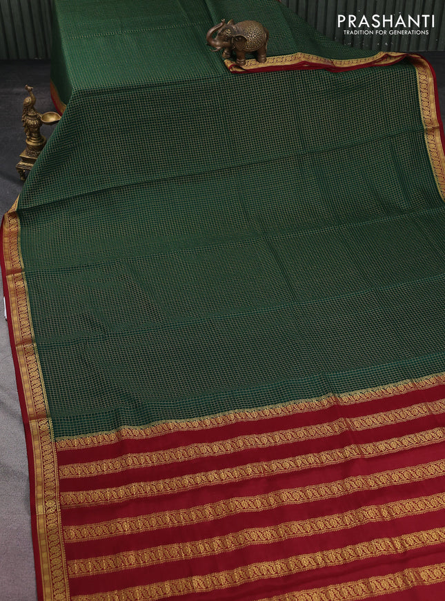 Pure mysore silk saree bottle green and maroon with allover small zari checked pattern and zari woven border